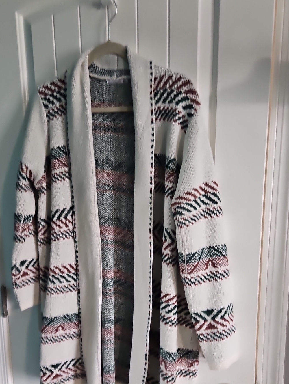 Staccato Cream Open-Front Cardigan with Black and Rust Tribal Stripes